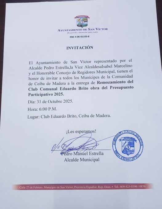 30 Octubre – #Invitación a entrega Remozamiento Club Eduardo Brito Ceiba De Madera, este viernes 31 de octubre a las 6:00 P.M.