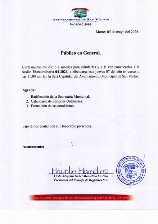 07 Mayo – Convocatoria a Sesión Extraordinaria 04-2026 este próximo jueves 07 de mayo a las 11:00 am. En la Honorable Sala Capitular del Ayuntamiento Municipal de San Victor.