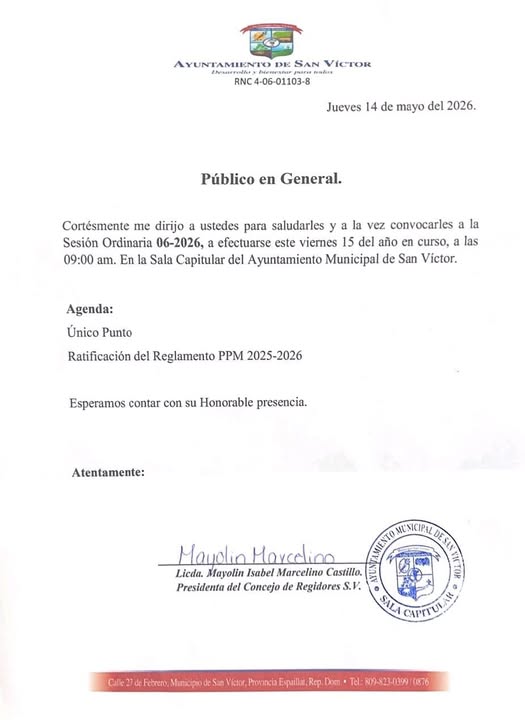 14 Mayo – #Convocatoria a Sesión Extraordinaria 06-2026 este viernes 15 de mayo en la Sala Capitular del Ayuntamiento Municipal a las 09:00 A. M