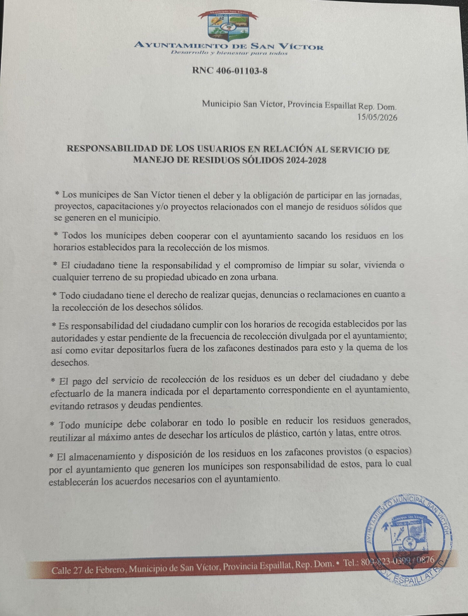 18 Mayo – Responsabilidad de los usuarios en relacion al servicio de manejo de residuos solidos 2024-2028.