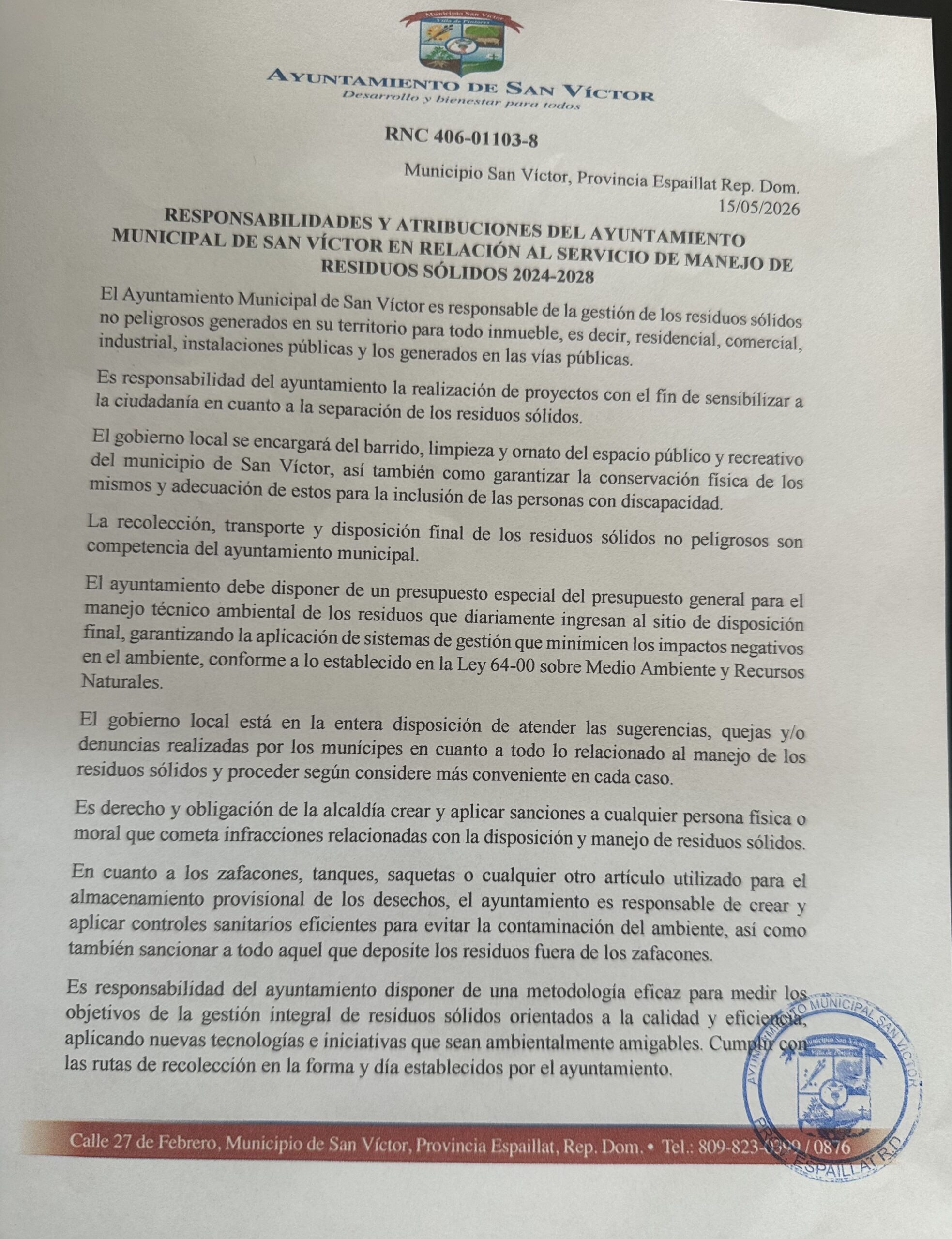 18 Mayo – Responsabilidades y atribuciones del ayuntamiento municipal San Victor en relacion al servicio de manejo de residuos solidos 2024-2028.