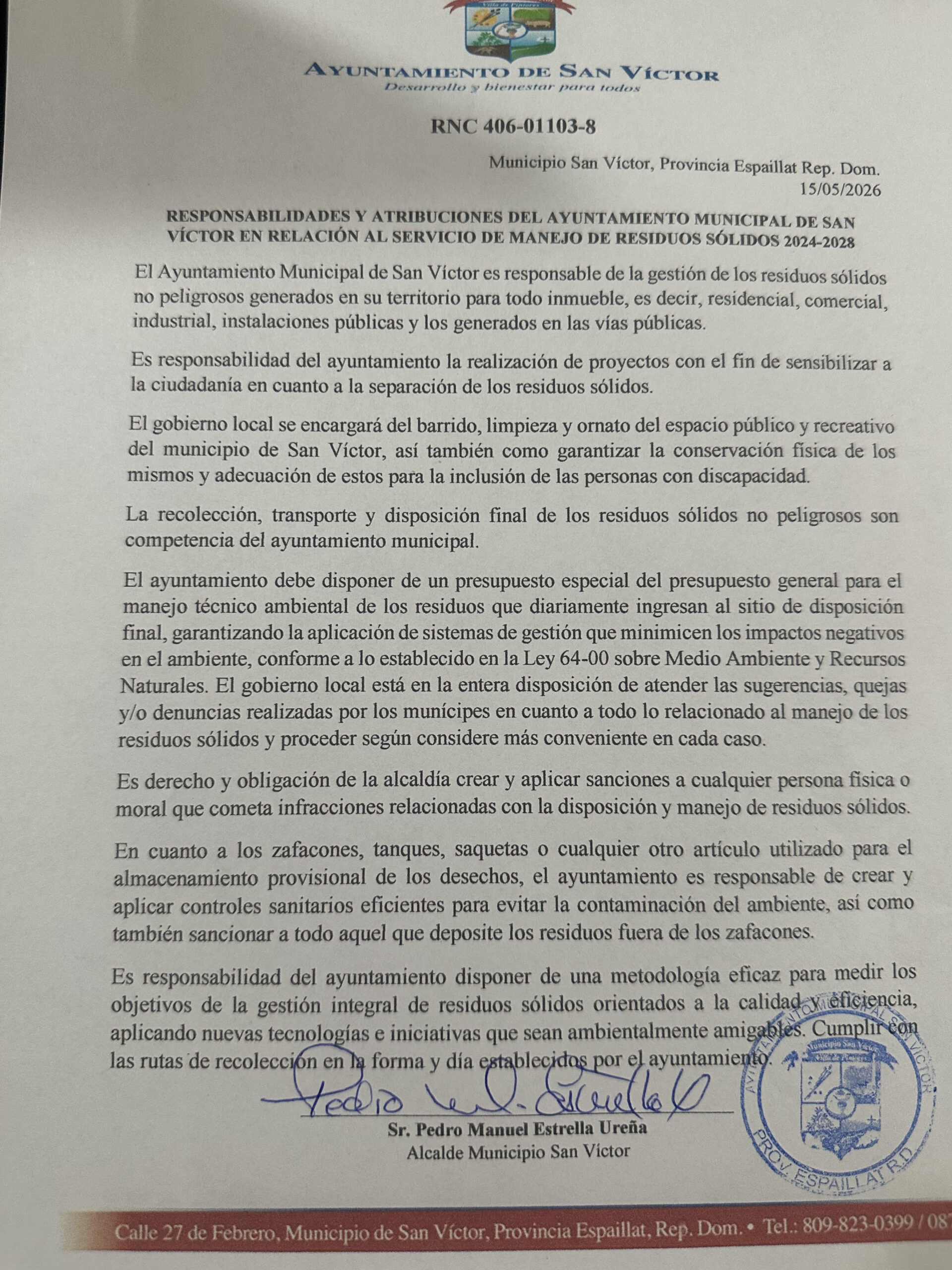18 Mayo – Responsabilidades y atribuciones del ayuntamiento municipal San Victor en relacion al servicio de manejo de residuos solidos 2024-2028.