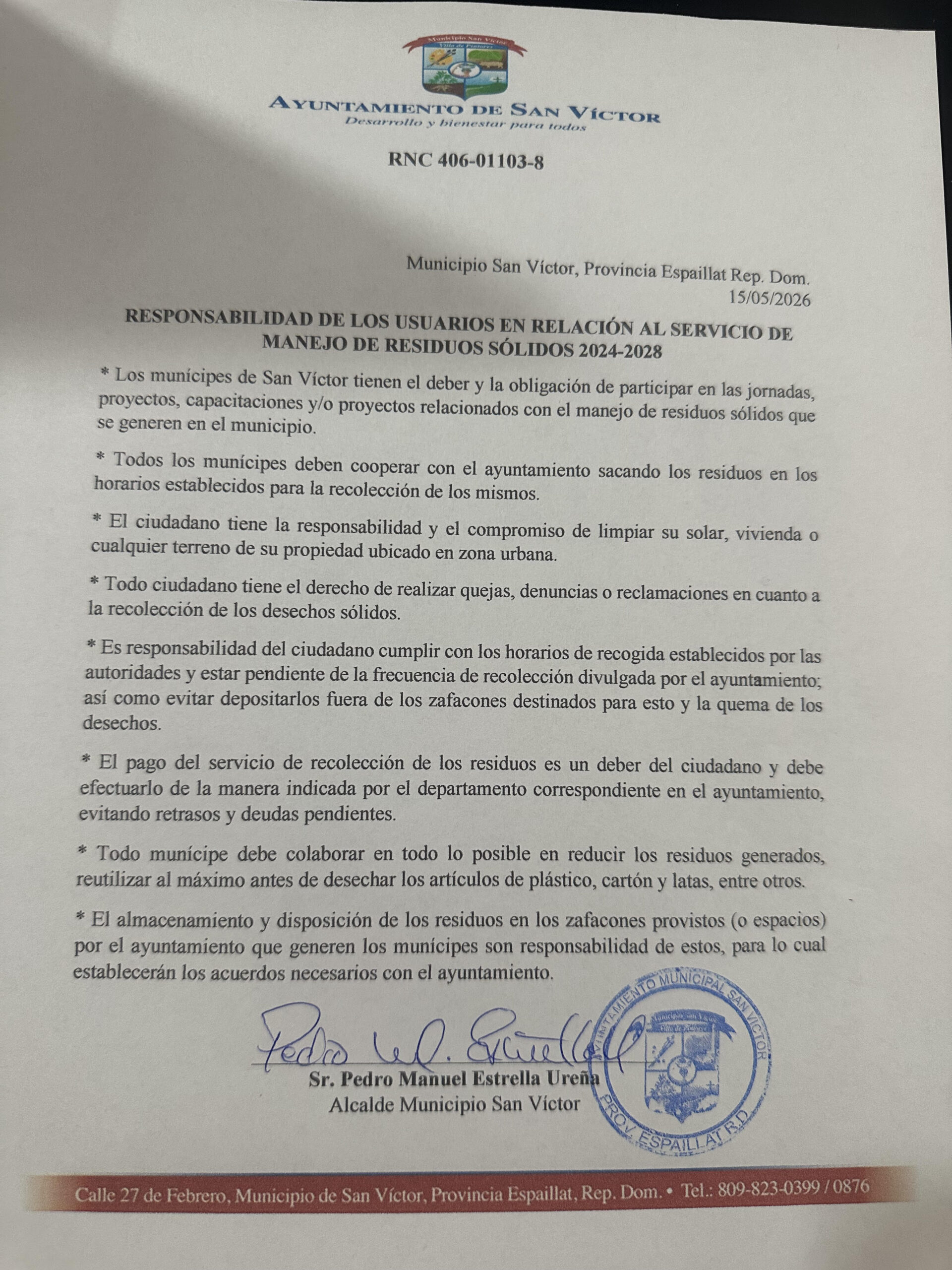 18 Mayo – Responsabilidad de los usuarios en relacion al servicio de manejo de residuos solidos 2024-2028.