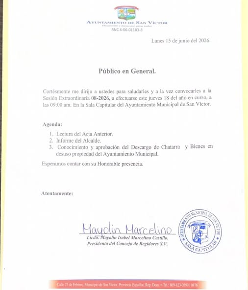 16 Junio – #Convocatoria a Sesión Extraordinaria 08-2026, este jueves 18 de junio del 2026 en la Salla Capitular del Ayuntamiento de San Víctor.